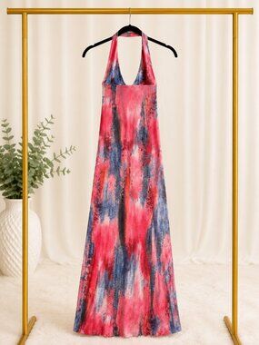 Pink & Blue Tie-Dye Halter Maxi Dress | Backless Summer Dress | Size XL